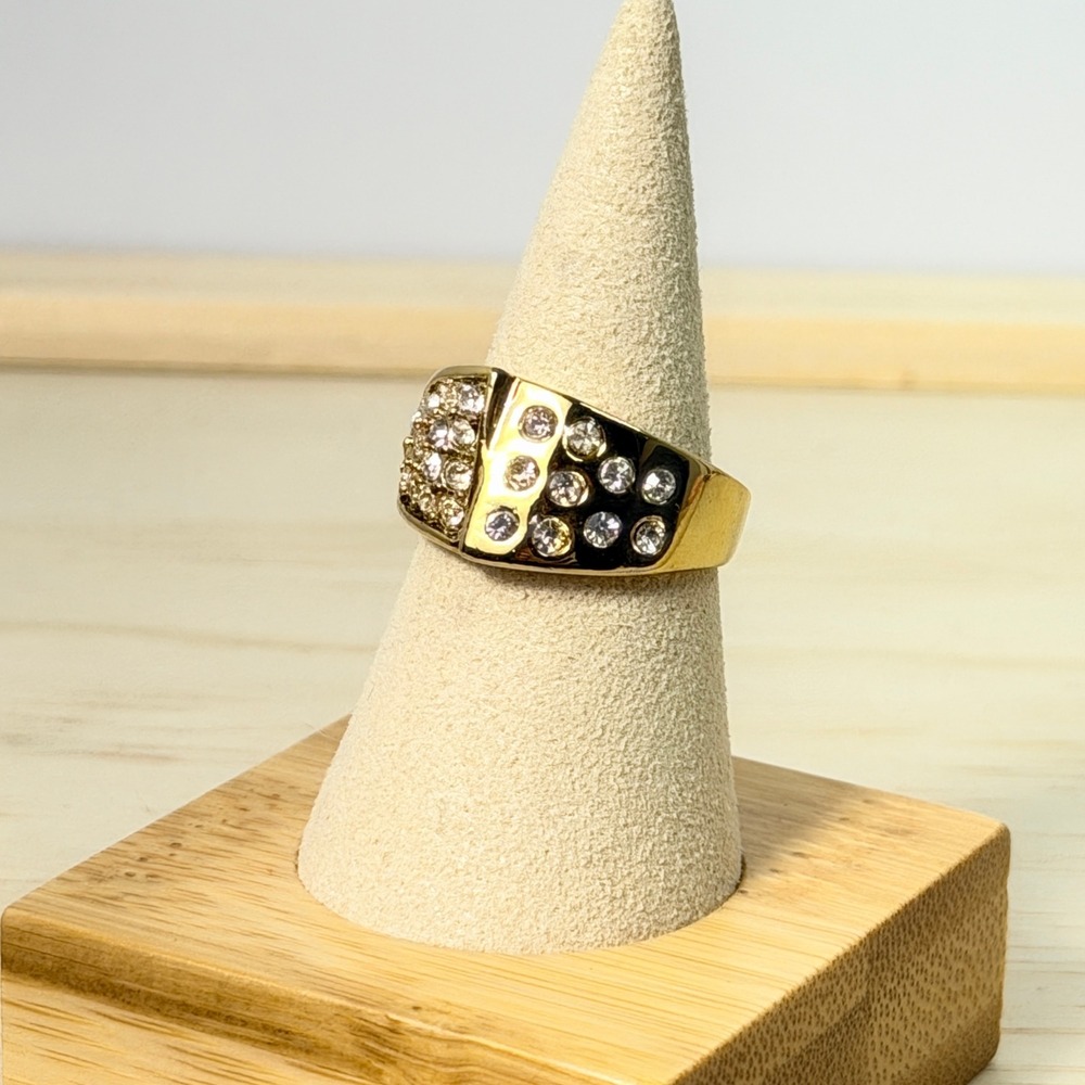 Vintage 80s Fallon Jewelry Gold Plated Crystal Dome Ring Bold Statement Pavé